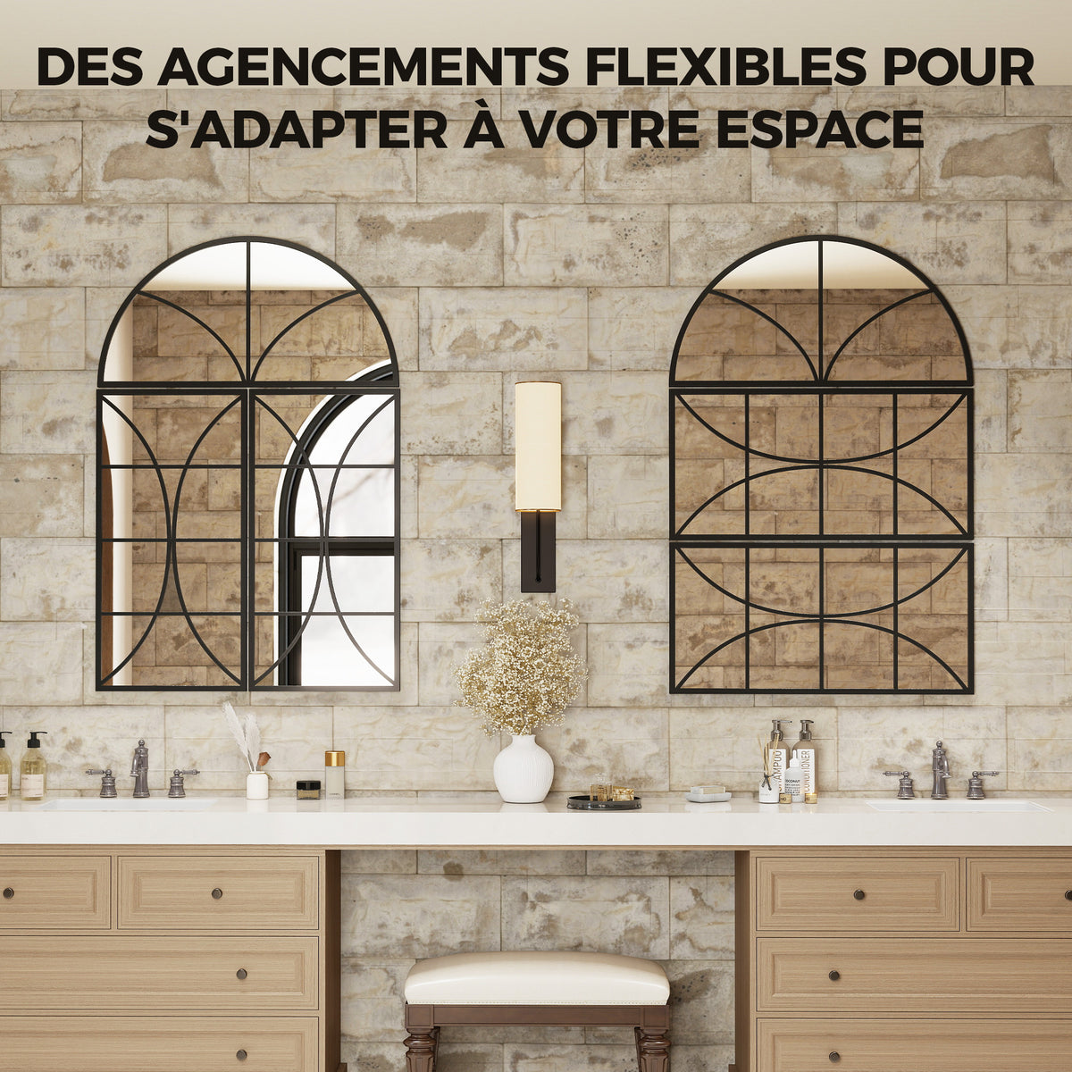 Miroir mural arqué 80 x 120 cm, lot de 3 pièces, miroir verrière en forme de fenêtre, verre trempé et métal, noir-3