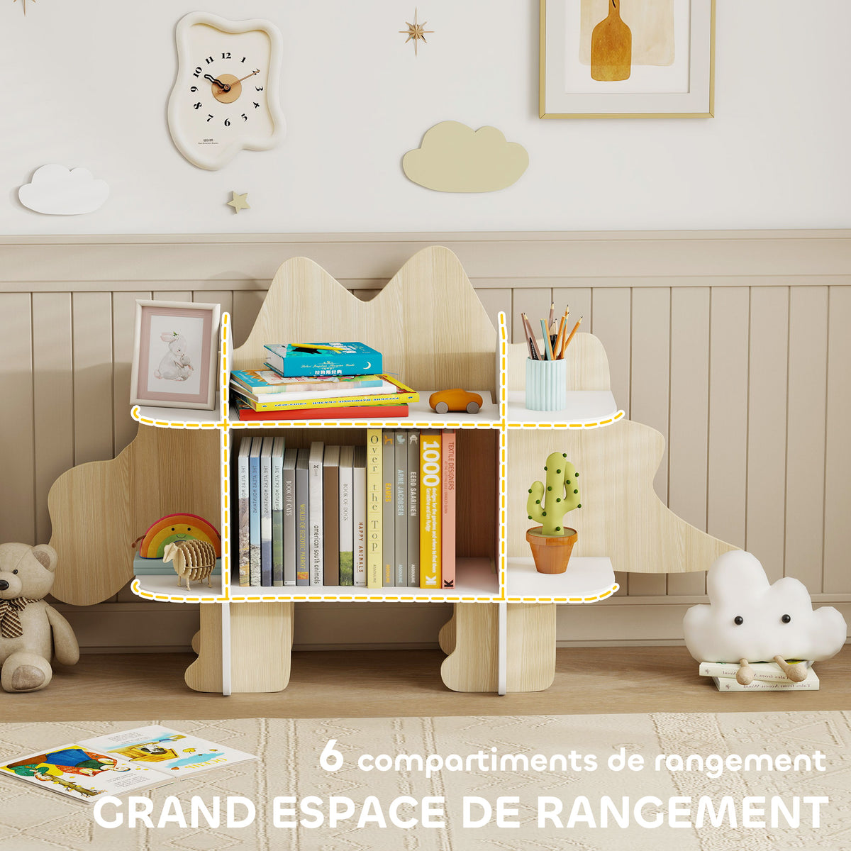 Bibliothèque enfant meuble de rangement pour jouets et livres 6 compartiments 120x28x72,2cm bois naturel-3