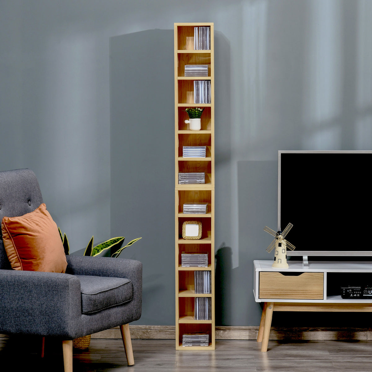 Lot de 2 étagères colonnes Armoire de Rangement CD-DVD 6 + 6 Compartiments dim. 21L x 19l x 88H cm capacité Max. 160 CD Naturel-1