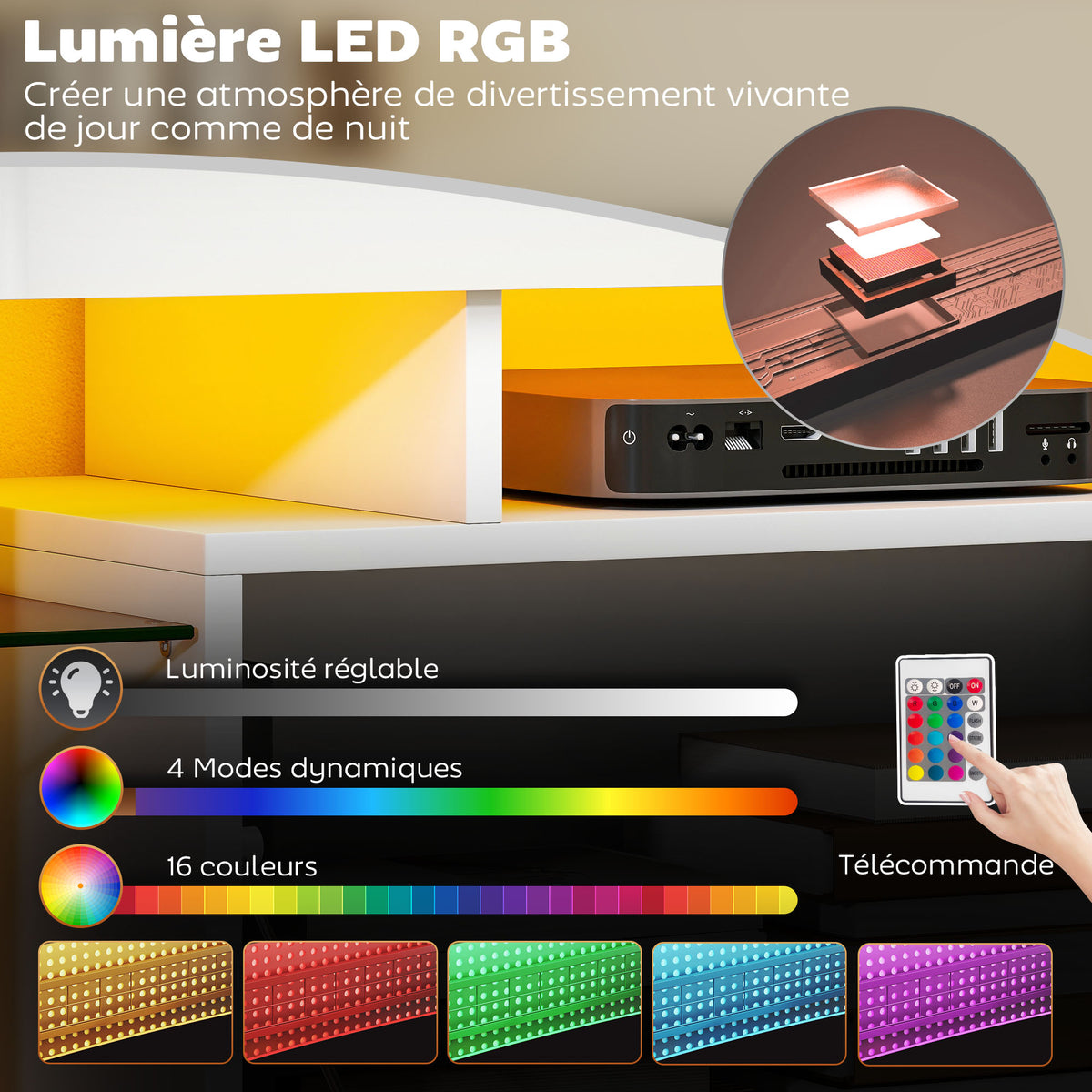 Meuble TV, meuble télé avec éclairage LED RGB, haute brillance, étagères en verre trempé, 120x34x45cm, blanc-3