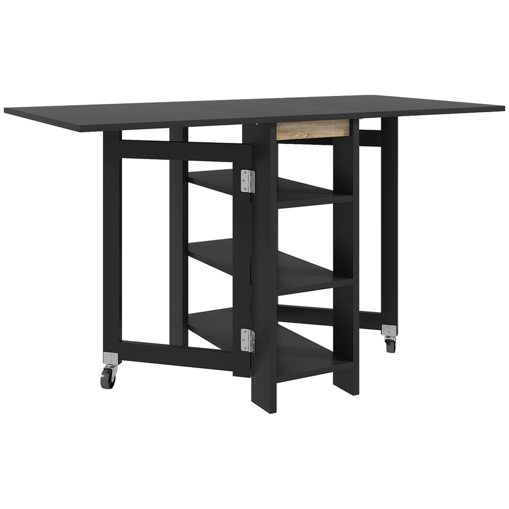 Table à Manger Pliante sur Roulettes, Table de Cuisine pour 2 à 4 Personnes avec Étagères de Rangement, Noir-0