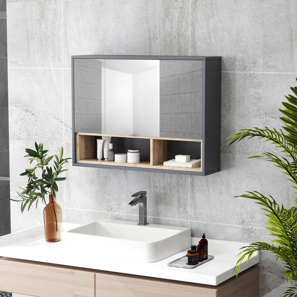 Meuble salle de bain avec miroir, armoire toilettes murale avec placards à 3 portes et 8 compartiments, gris-9