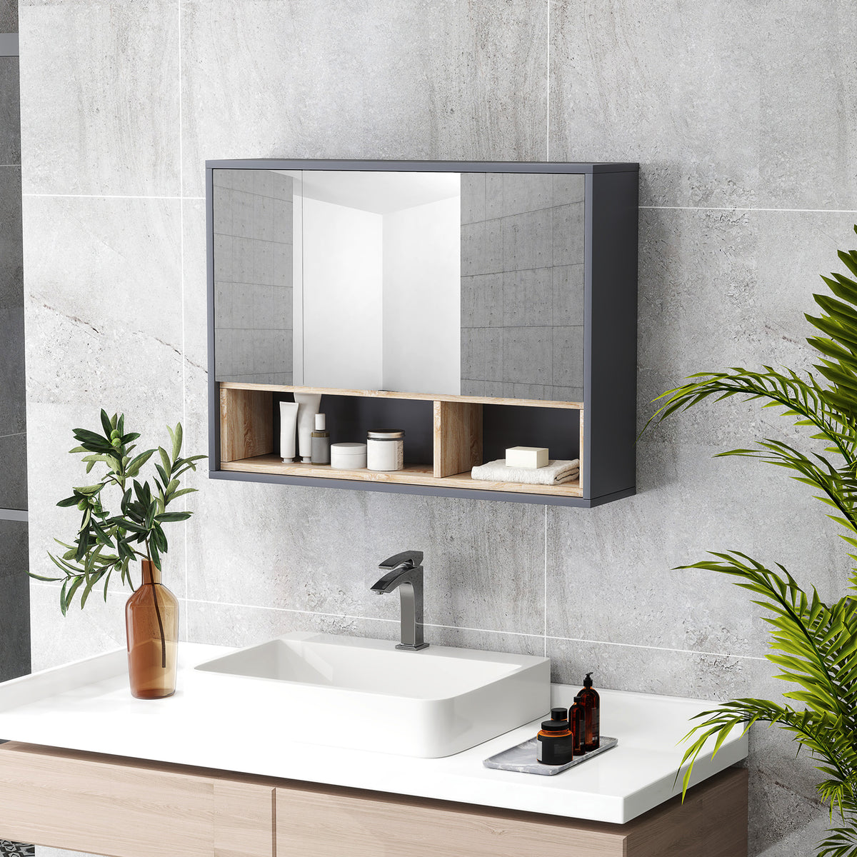 Meuble salle de bain avec miroir, armoire toilettes murale avec placards à 3 portes et 8 compartiments, gris-9