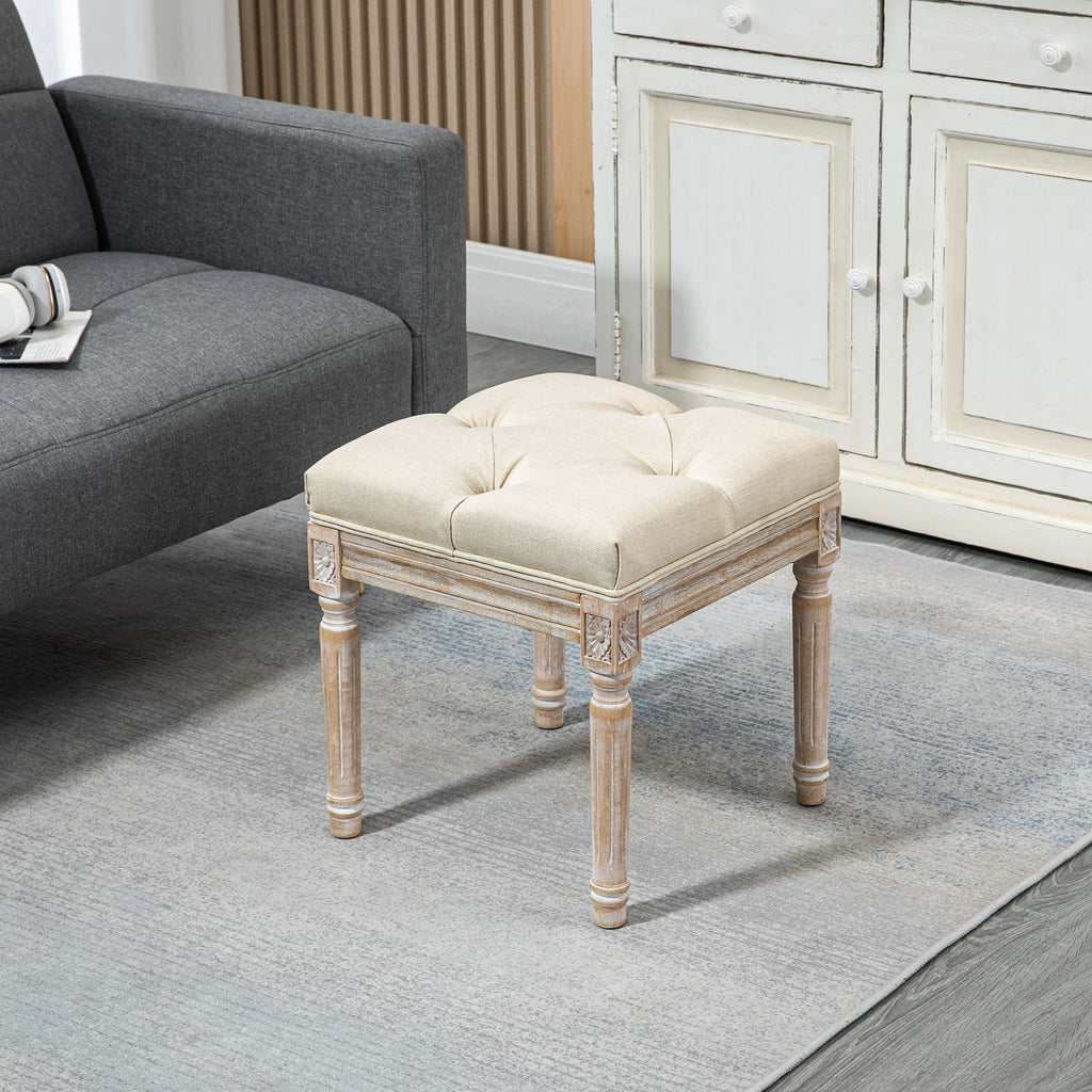 Repose pied salon, ottoman, siège rembourré en tissu aspect lin avec pieds en bois d'hévéa, 40 x 40 x 43 cm, beige-1
