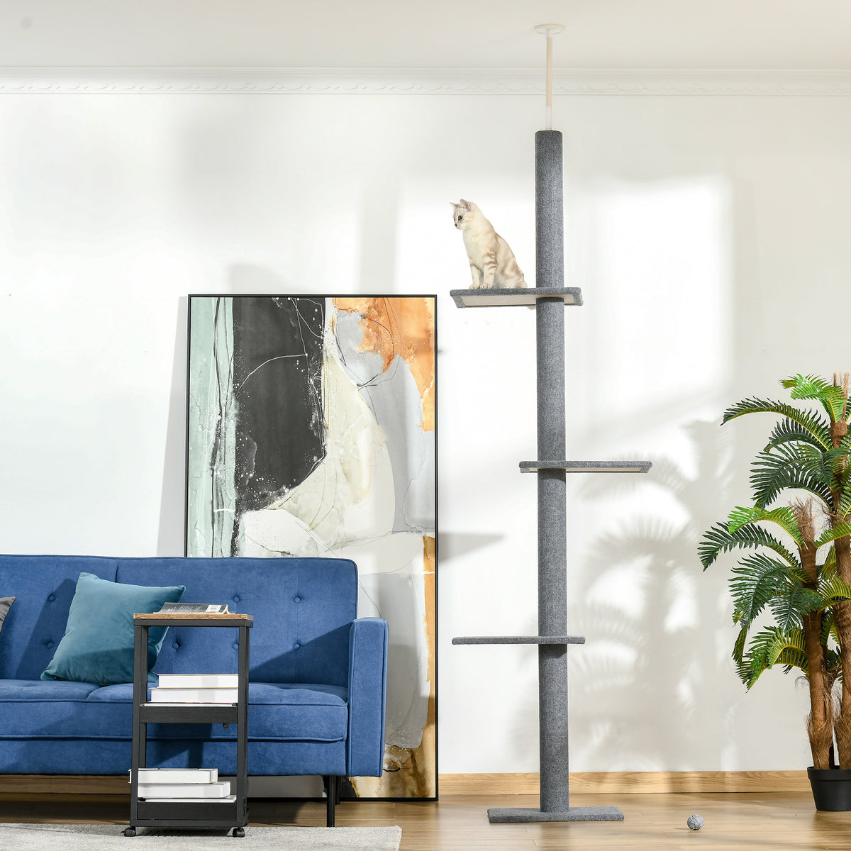 Arbre à chat du sol au plafond poteau à griffer hauteur réglable dim. 43L x 27I x 228-260H cm 4 niveaux d'activités gris-1