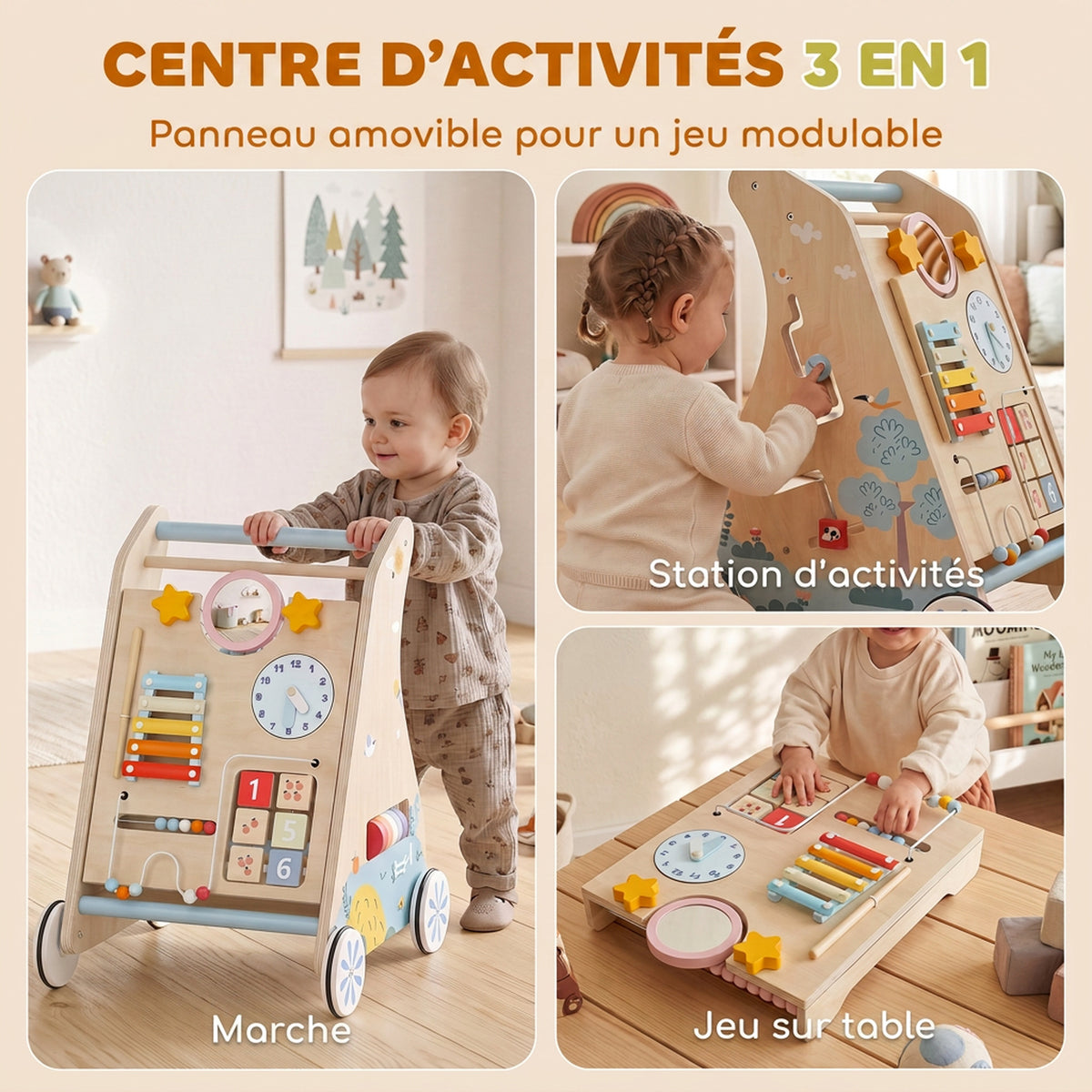 Trotteur Bebe en Bois, Chariot de Marche Bébé, Centre d'Activités Double Face Amovible, Espace de Rangement, Naturel-3