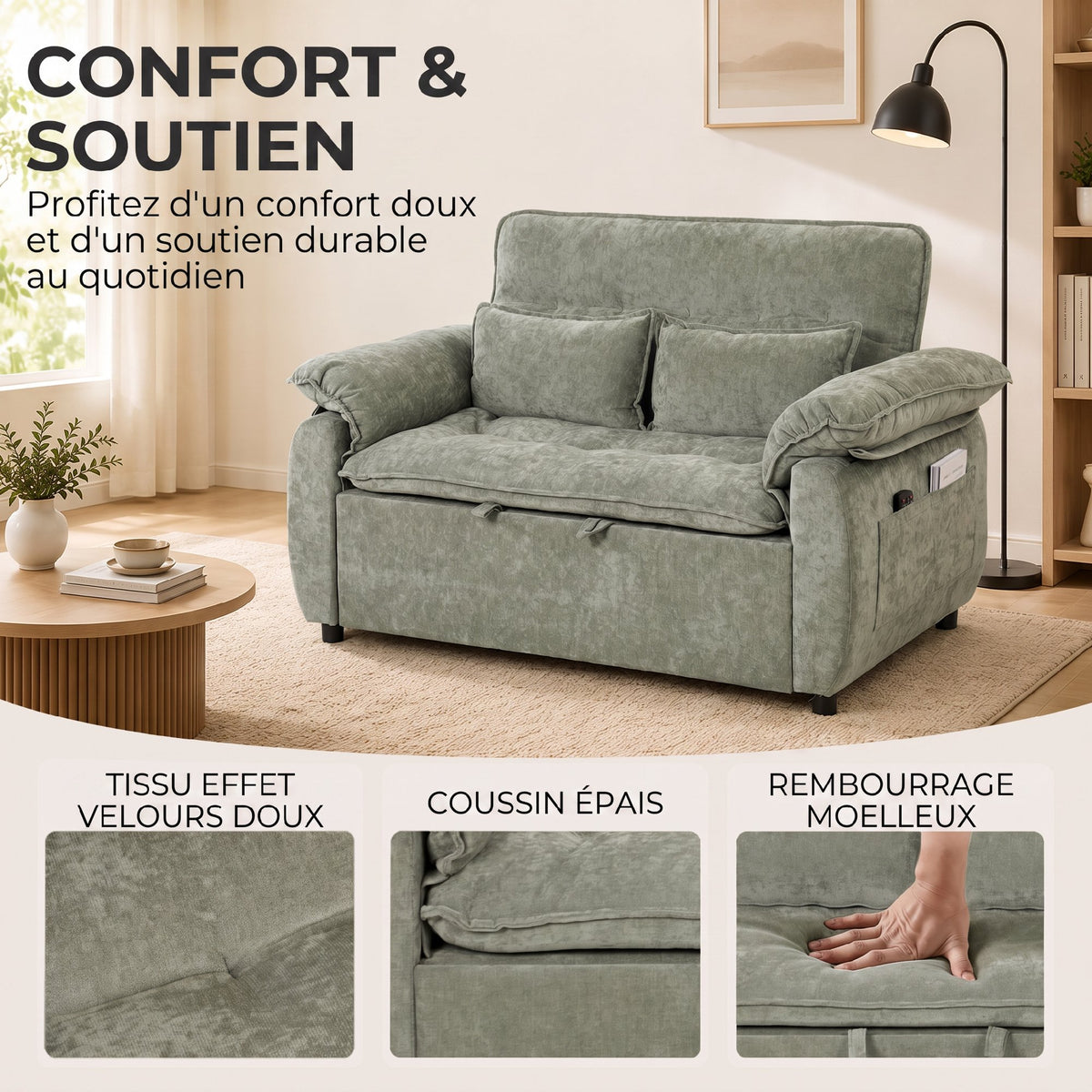 Canapé Convertible 2 Places, Canapé-Lit 3 en 1 Velours 137 cm, Dossier Réglable, Assise Large, 2 Oreillers, Vert-4