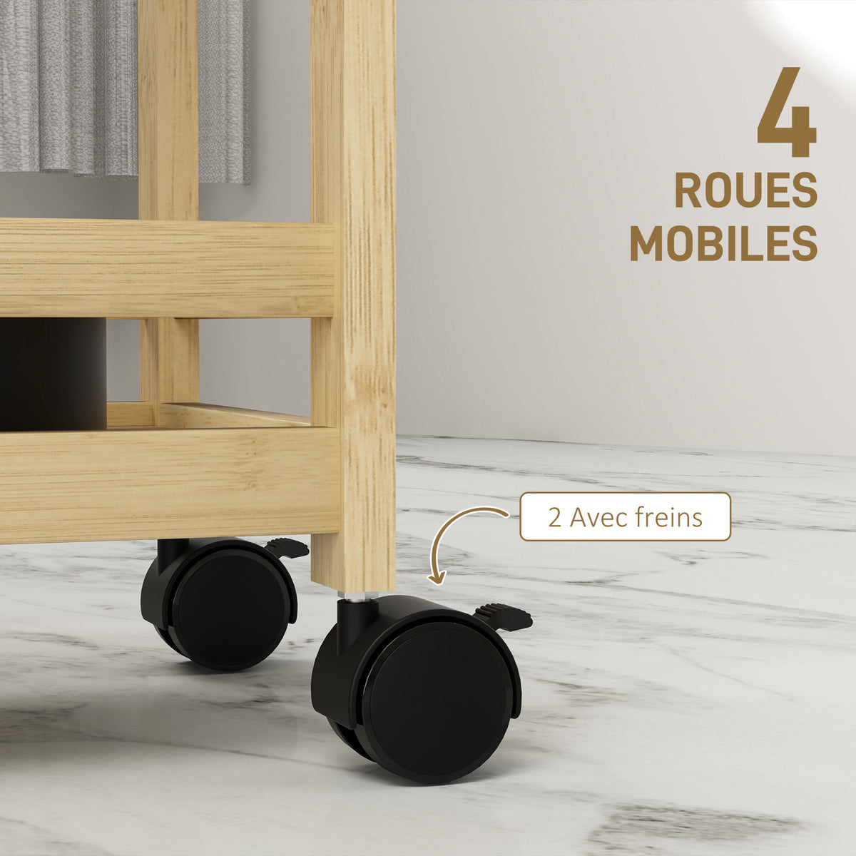 Étagère de rangement de salle de bain en bambou à 3 niveaux avec roulettes pour cuisine, salle de bain, salon - naturel-4