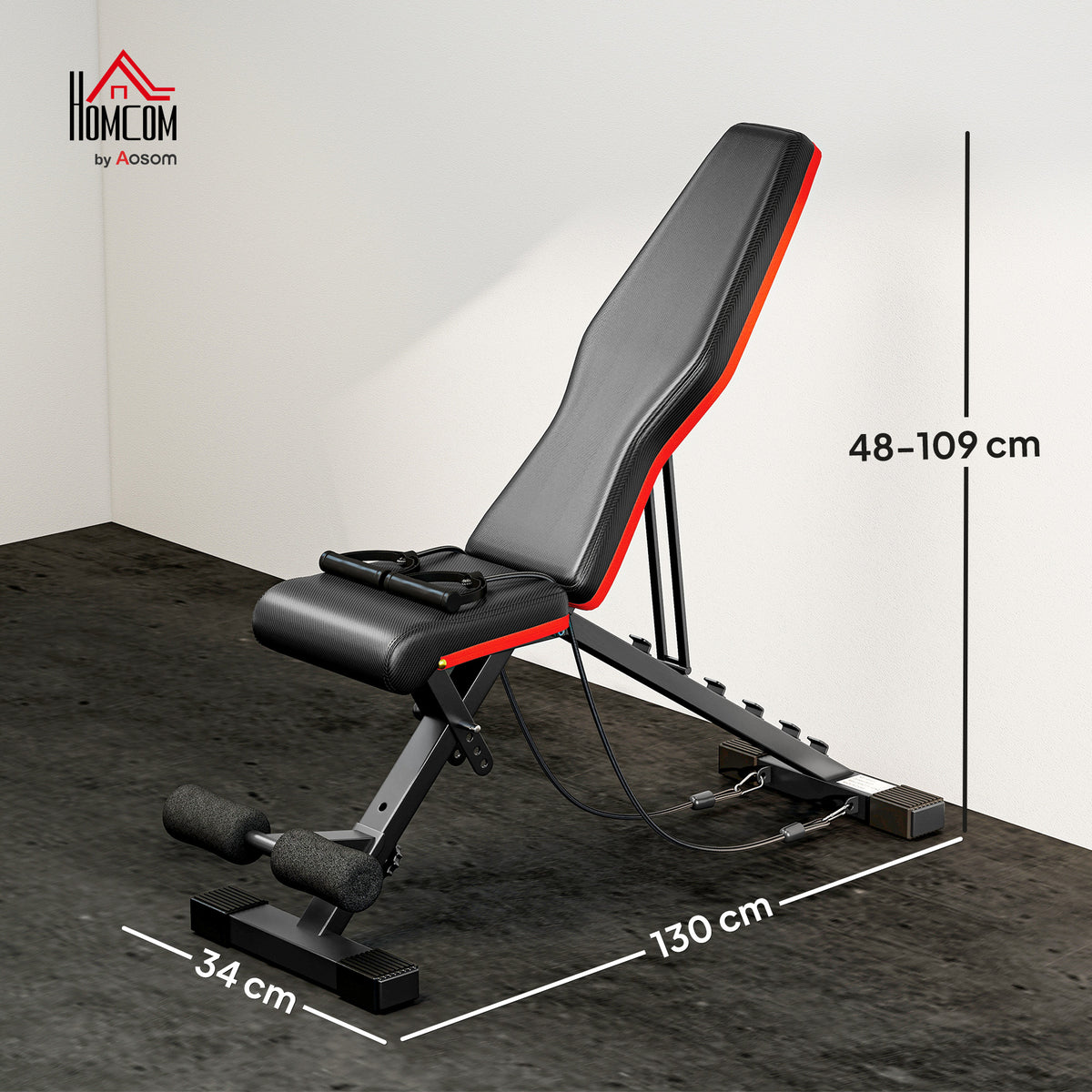 Banc de musculation pliable dossier réglable 6 niveaux assise ajutable 4 niveaux coussin 130 x 34 x 109 cm noir et rouge-2