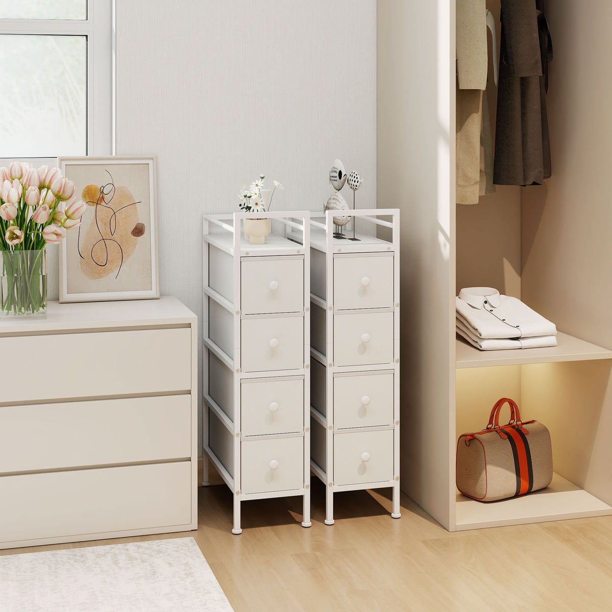 Commode 4 Tiroirs Pliables en Tissu, Meuble de Rangement Étroit, Style Moderne, Cadre en Acier, 20 x 43 x 81,5 cm Blanc-8