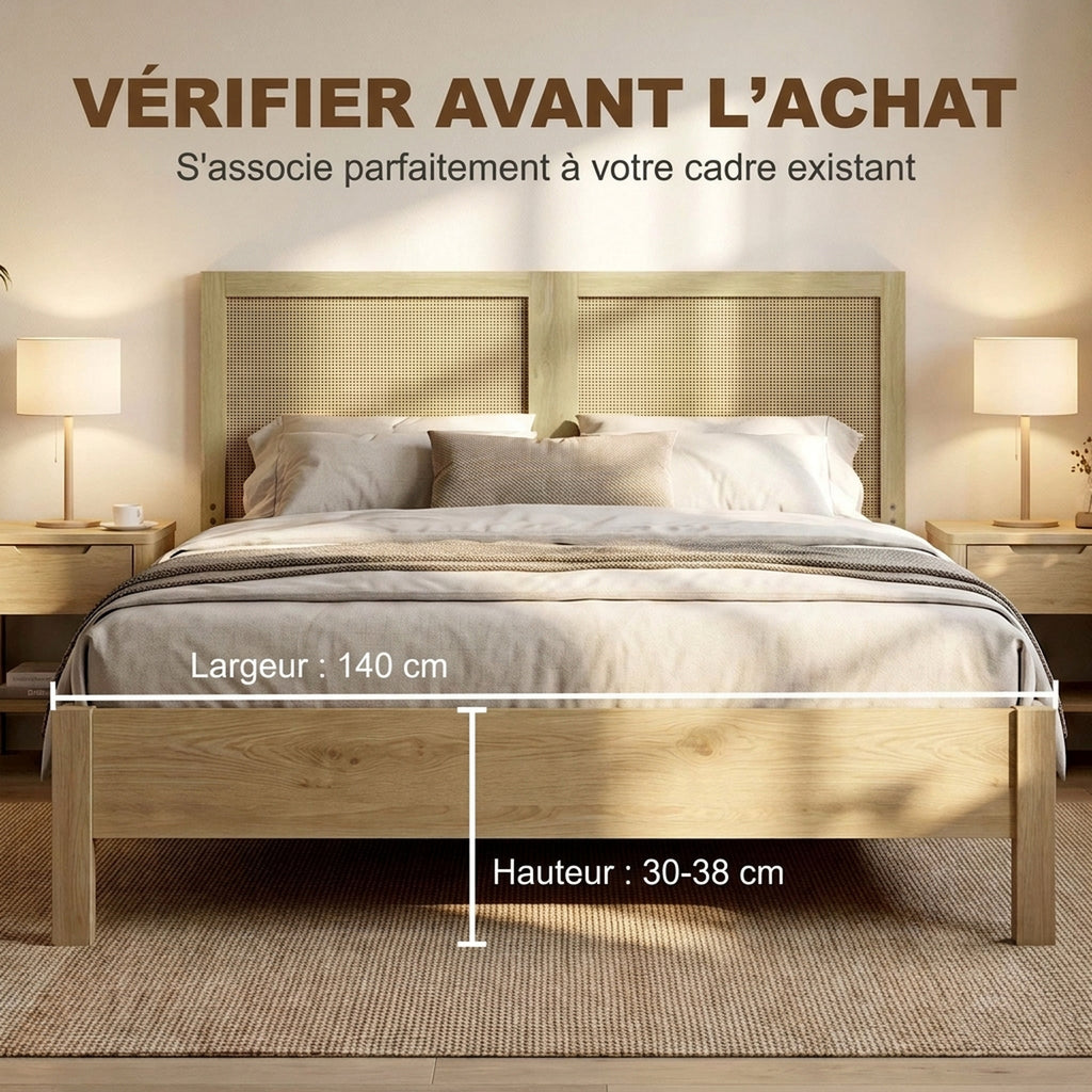 Tête de Lit en Bois à Effet Rotin, Design Bohème, pour Chambre à Coucher, 140 x 4 x 87 cm, Chêne-4