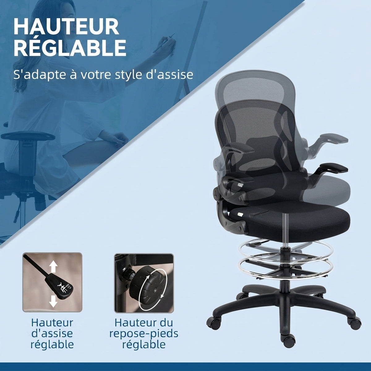 Chaise Bureau Ergonomique en Maille, Hauteur Réglable, Accoudoirs Relevables, Support Lombaire, 59x65x122cm, Noir-3