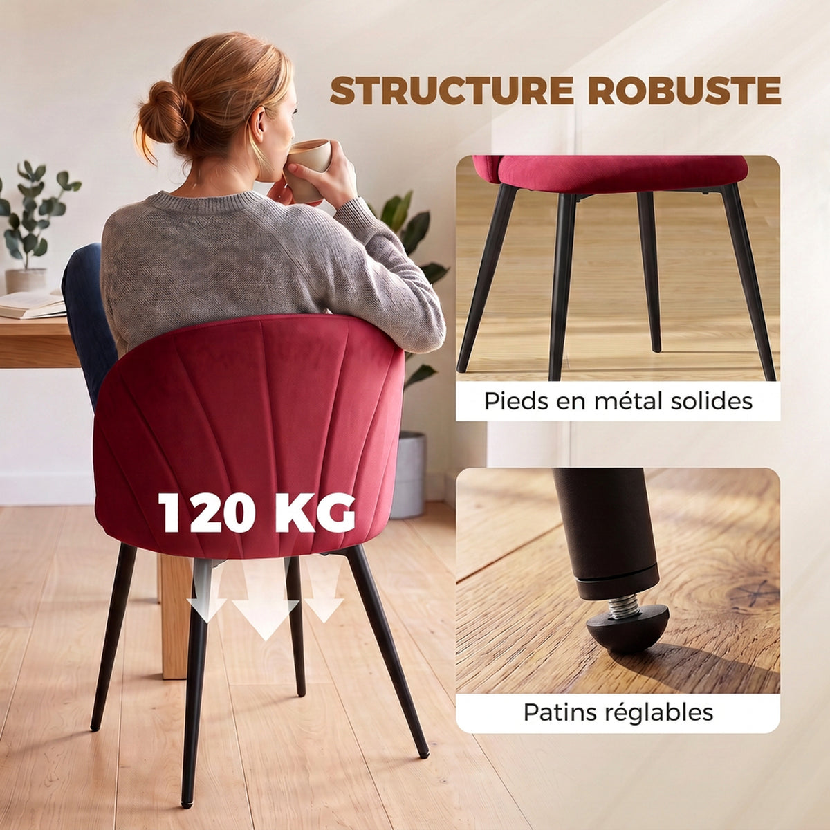 Lot de 2 Chaises de Salle à Manger, Chaises de Cuisine Rembourrées sans Accoudoirs, Pieds en Acier, 52x55x79cm, Bordeaux-6