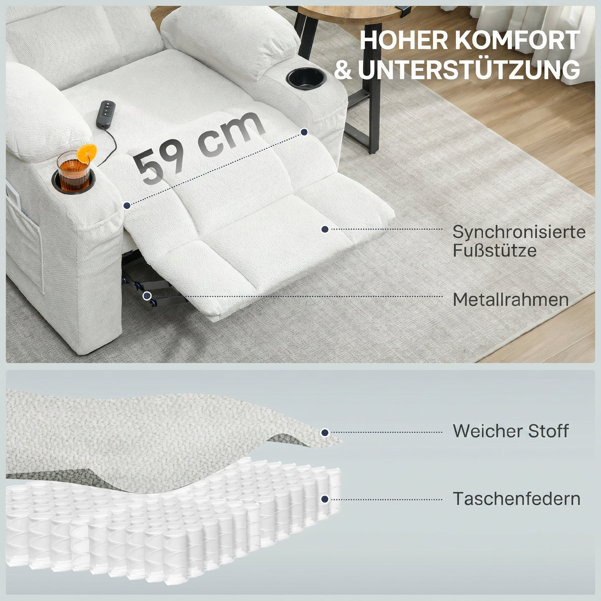 Fauteuil relax électrique, fauteuil inclinable, port USB, repose-pieds, porte-gobelets, 94 x 90 x 105 cm, crème-4