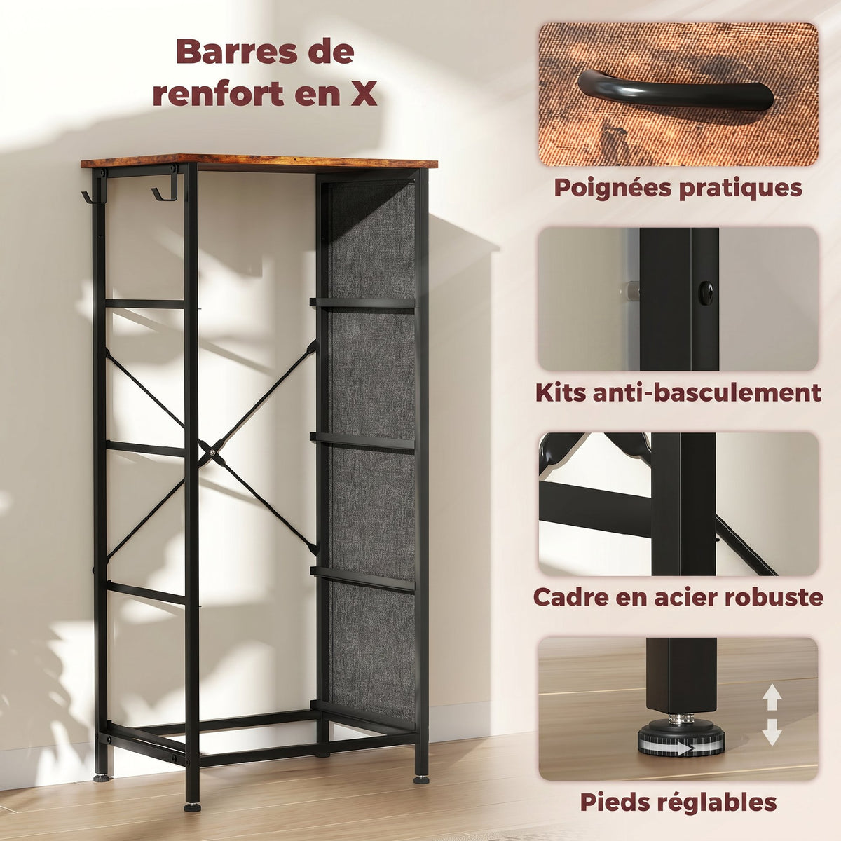 Commode 4 tiroirs en tissu, meuble de rangement avec 4 poches, 2 crochets, structure en acier, 45 x 30 x 94,5 cm, marron-6