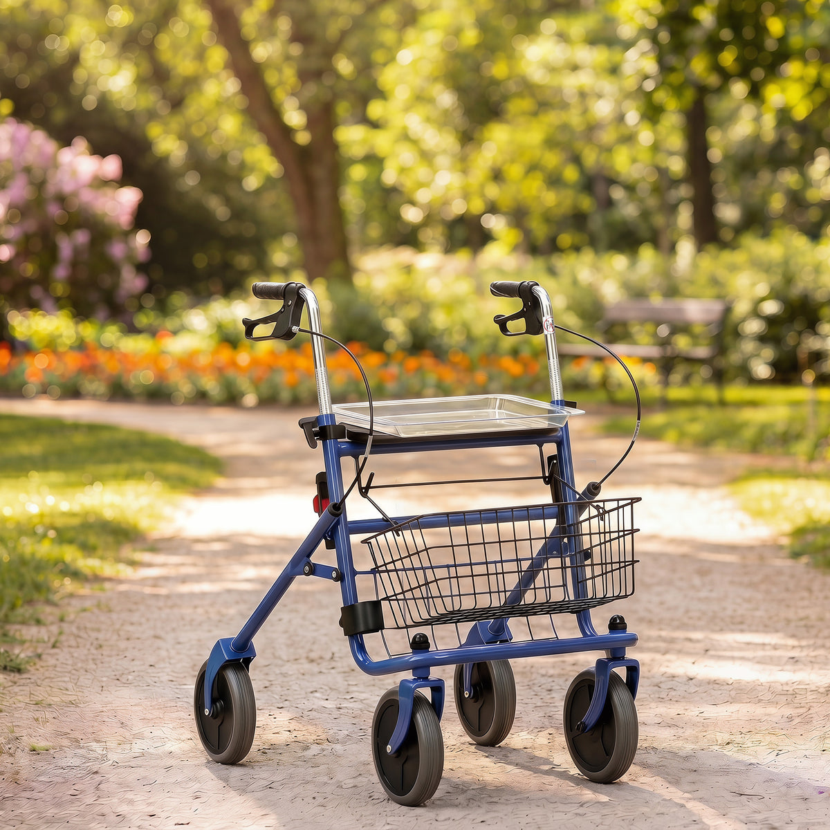 Déambulateur 4 roues pliable, rollator en acier inoxydable, siège rembourré en PU, poignée réglable, bleu-1