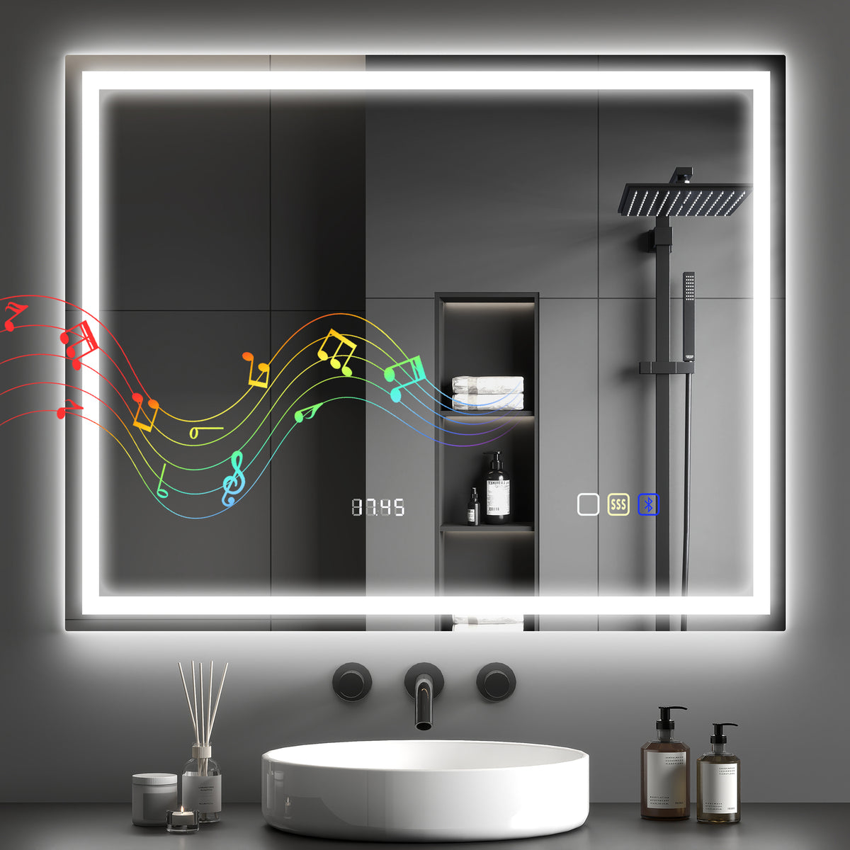 Miroir salle de bain LED bluetooth 80 x 100 cm interrupteur tactile lumière réglable 3 couleurs anti-buée mémoire argent-1