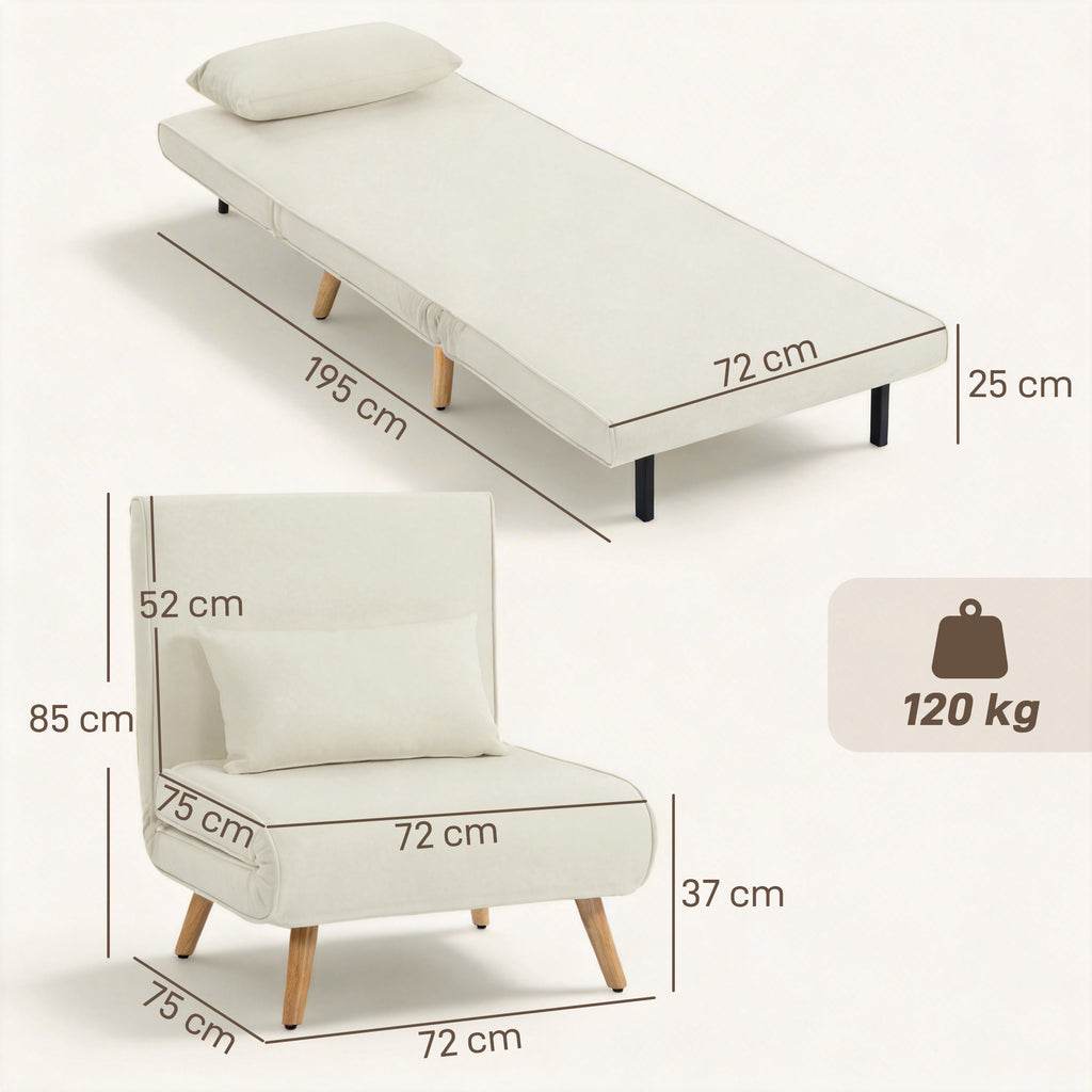 Fauteuil chauffeuse convertible 3 en 1 lit fauteuil lit 1 place dossier 5 positions en tissu avec coussin, crème-2