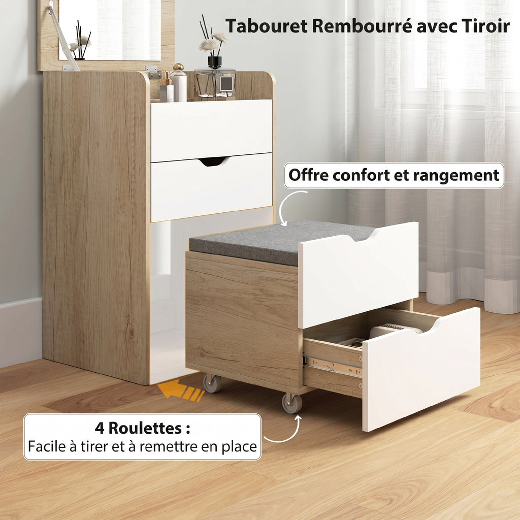 Coiffeuse avec miroir rabattable et tabouret de rangement, table de maquillage, 2 tiroirs, siège rembourré, chêne blanc-5
