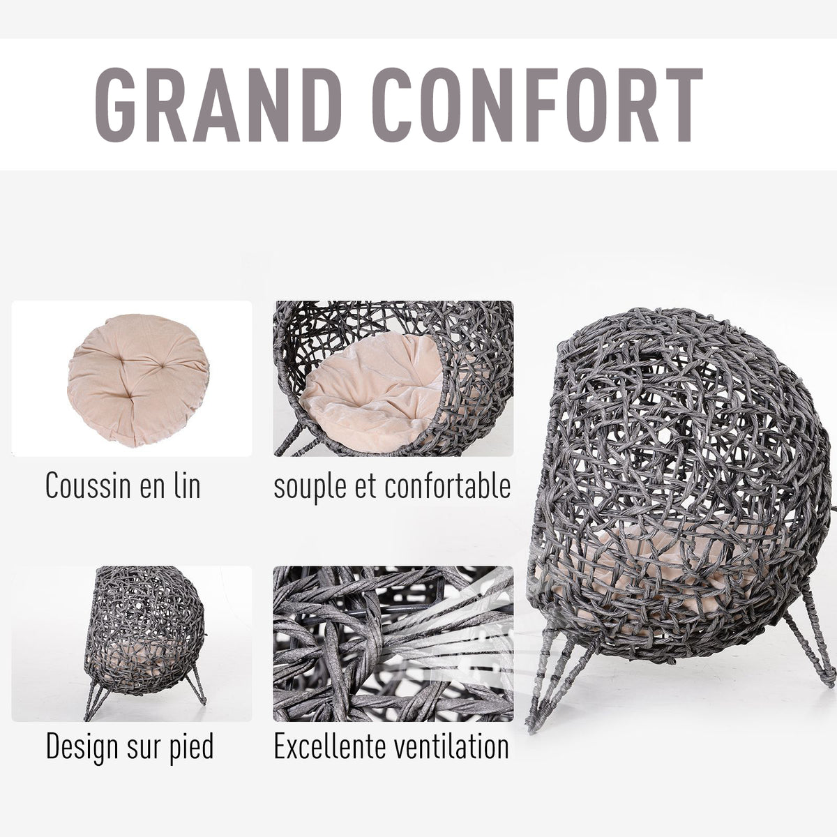 Panier chat lit surélevé chat cosy niche grotte Ø 52 x 58H cm coussin moelleux inclus résine tressée imitation-4