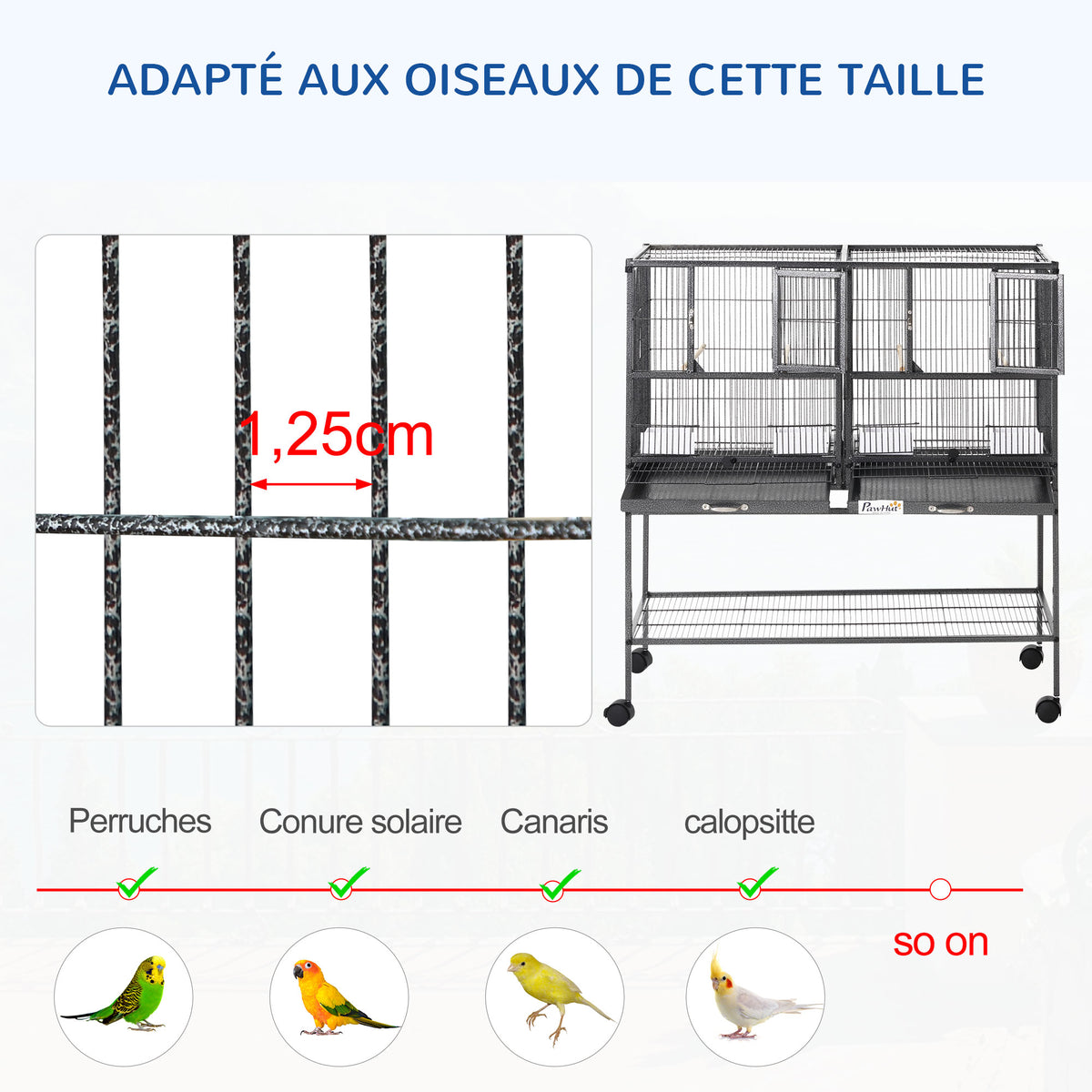 Cage à Oiseaux Volière Oiseaux Intérieur avec Séparation Mangeoire et Perchoir 95L x 45,5l x 102H cm Noir et Gris-4