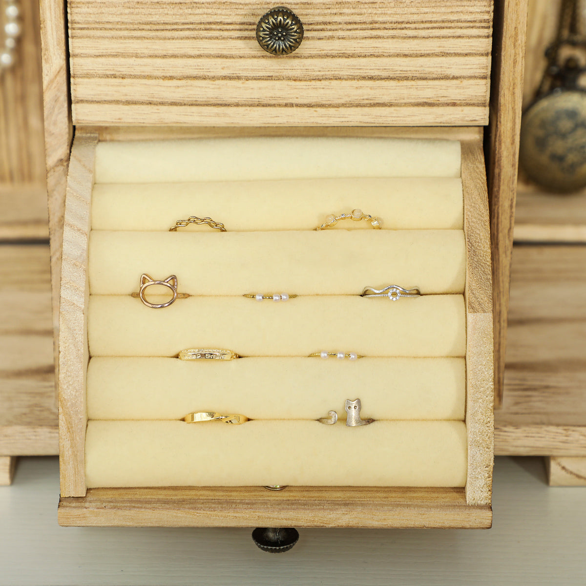 Boîte à bijoux femme à 4 niveaux, coffre à bijoux avec ailes, miroir et 2 tiroirs, 26,5 x 16 x 33,5 cm, marron-8