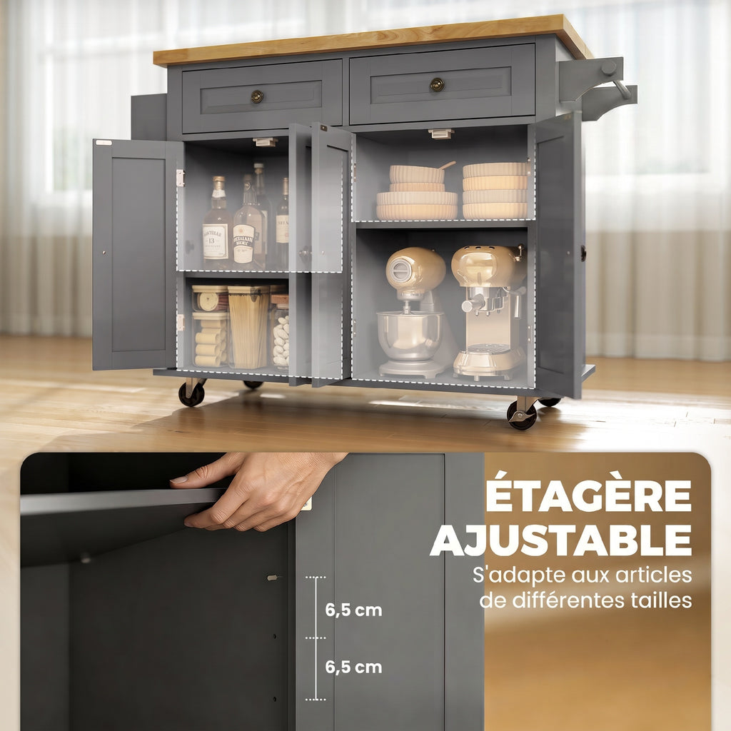 Îlot Central Cuisine avec Plateau en Hévéa, Desserte de Cuisine sur Roulettes avec 2 Tiroirs, 111 x 44,5 x 82,5 cm, Gris-4
