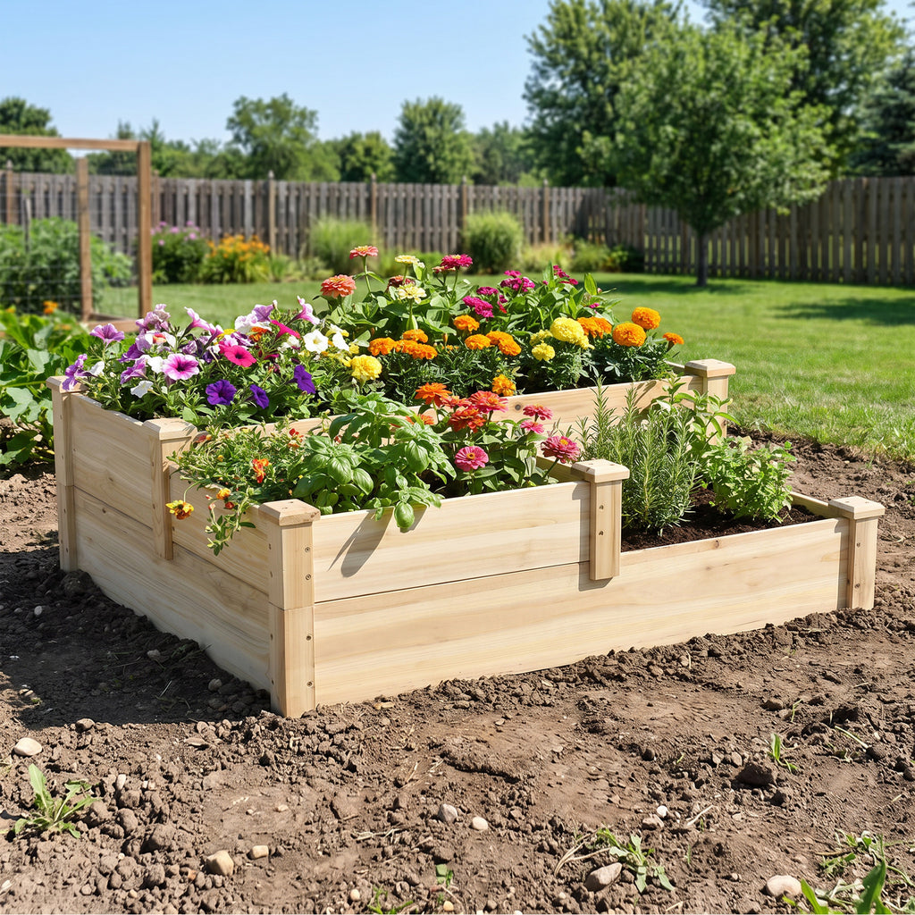 Carré potager en bois jardinière extérieure en escalier 3 niveaux design sans fond 108 x 88 x 36 cm bois naturel-8