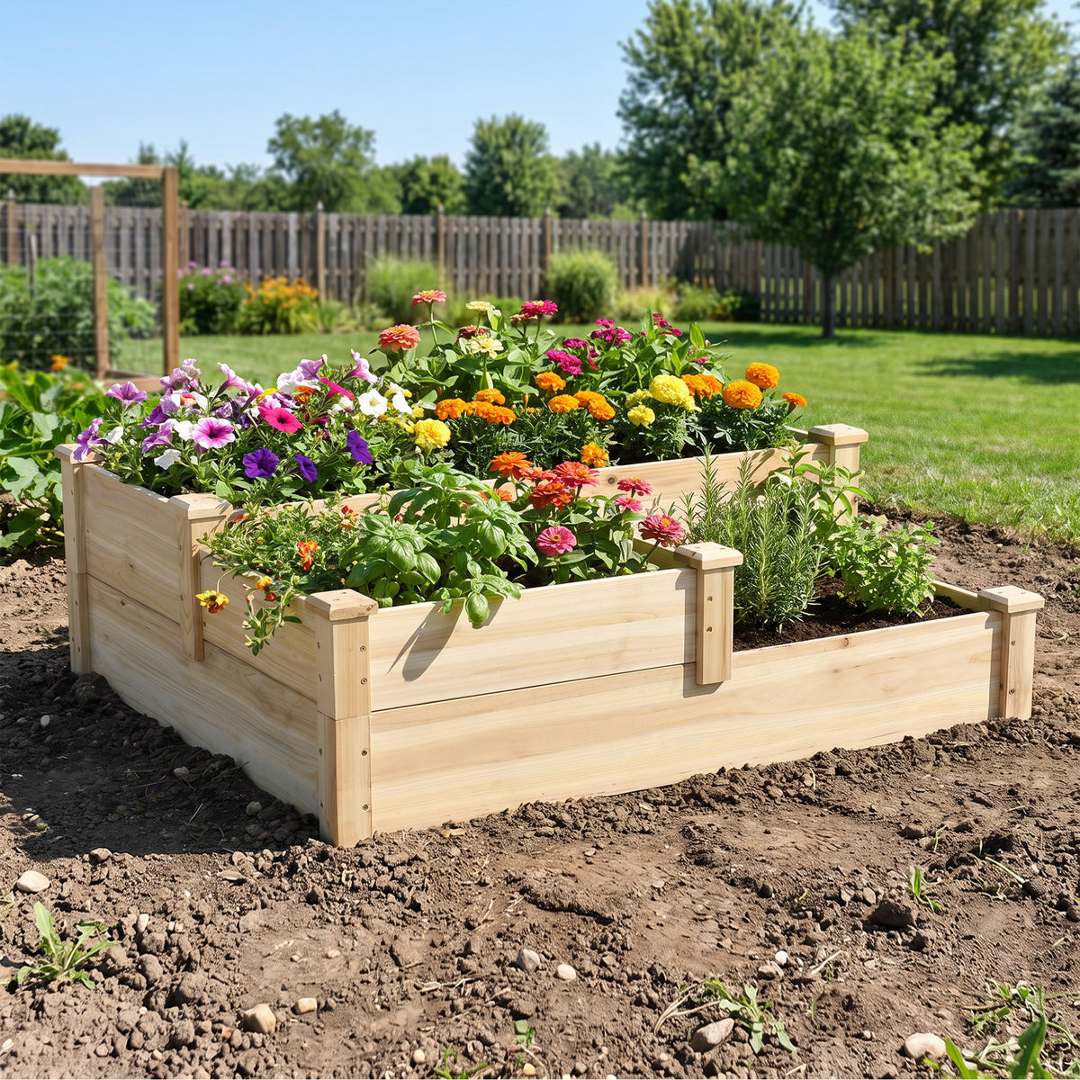 Carré potager en bois jardinière extérieure en escalier 3 niveaux design sans fond 108 x 88 x 36 cm bois naturel-8