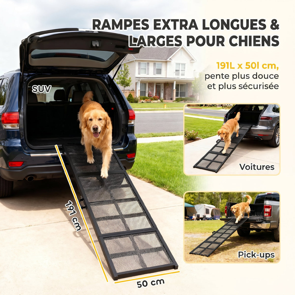 Rampe pour Chien Pliable en Acier, Escalier pour Chien avec Surface Antidérapante, Charge 180 kg, 191 x 50 x 4 cm, Noir-3