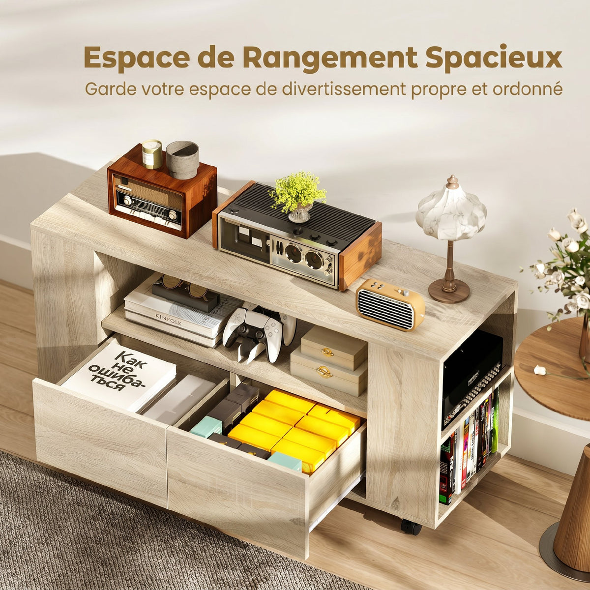 Meuble TV sur roulettes 102 cm, meuble télé pour téléviseur jusqu'à 42 pouces, 2 tiroirs, compartiments ouverts, naturel-4