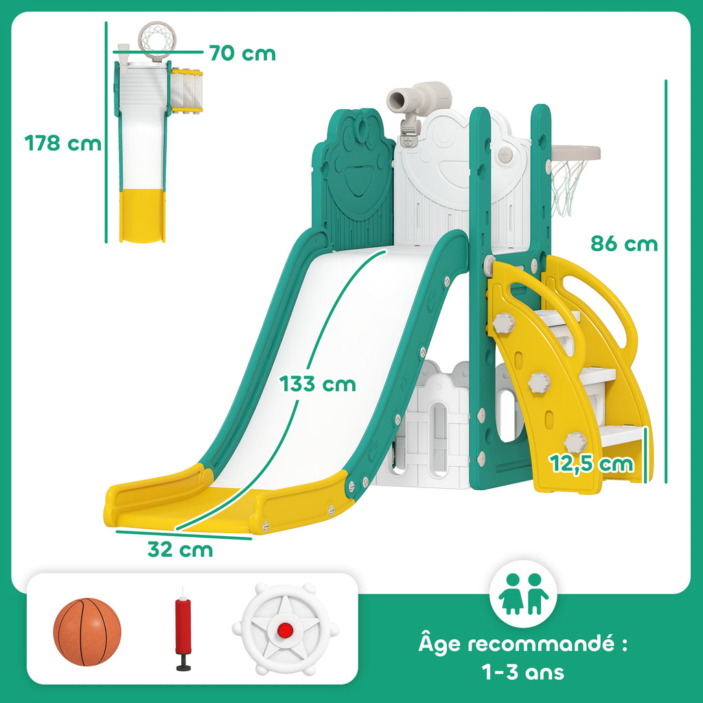 Toboggan pour tout-petits 5 en 1 toboggan autoportant pour enfant avec panier de basket, télescope, 178x70x86cm, jaune-2