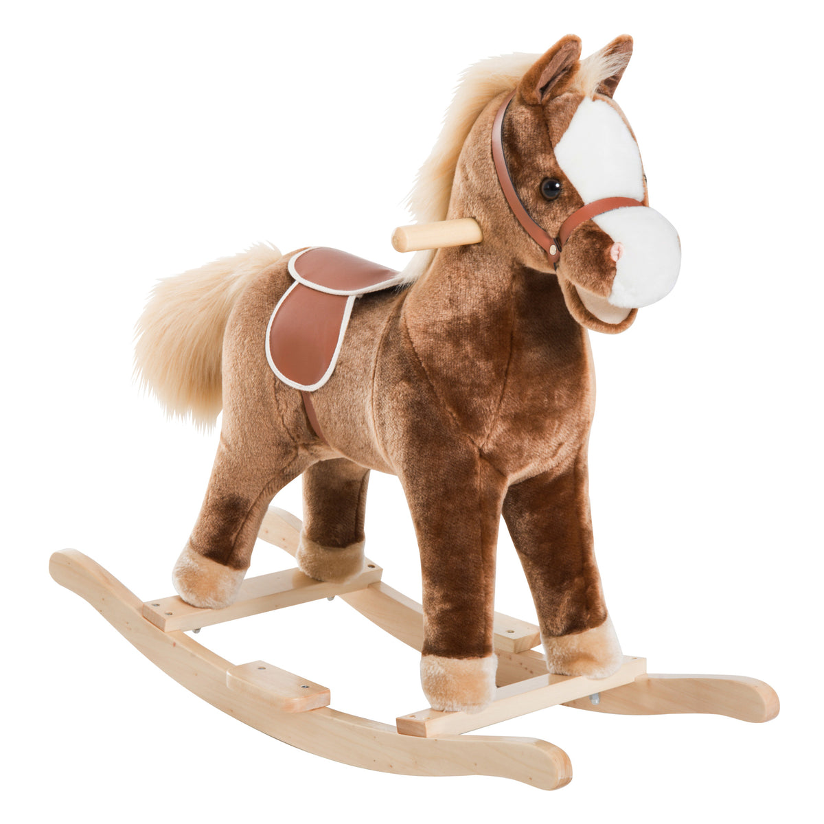 Cheval à Bascule Cheval de Cowboy Selle Grand Confort pour Enfants de 36+Mois Peluche Courte Douce Bois peuplier Charge 40 Kg Brun Blanc-0