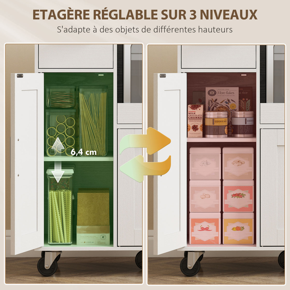Desserte cuisine à roulettes, meuble micro onde, plateau coulissant, tiroir, placards 3 portes, 80x40x88,7cm, blanc-4
