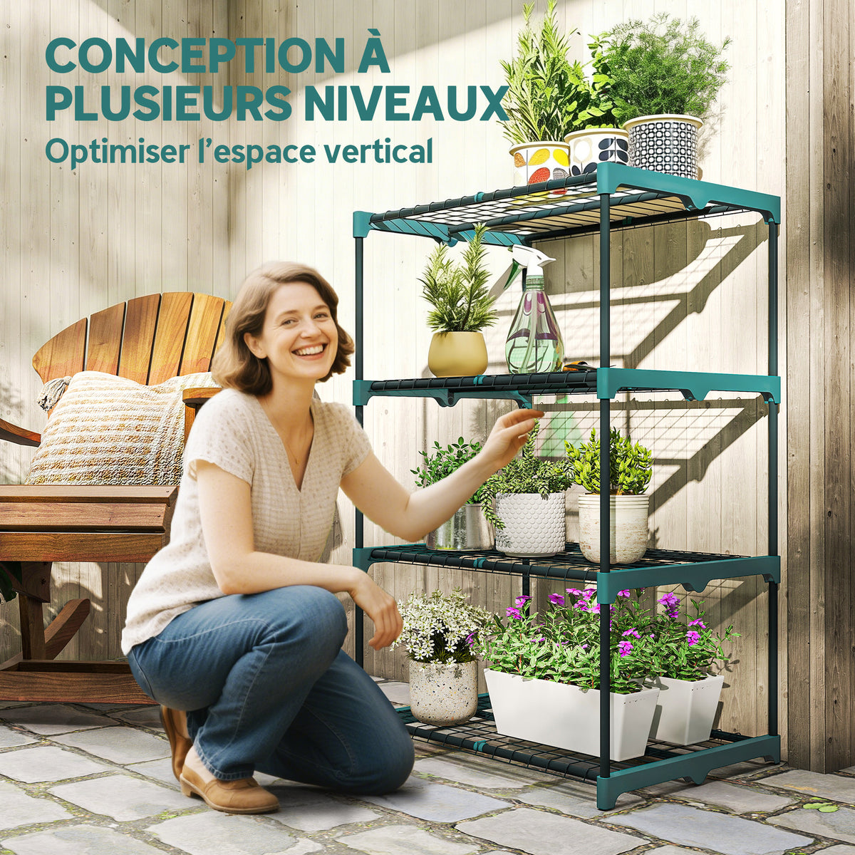 Étagère à fleurs en acier 4 niveaux intérieur et extérieur support de plantes pour jardin balcon salon 67x49x105cm vert-3