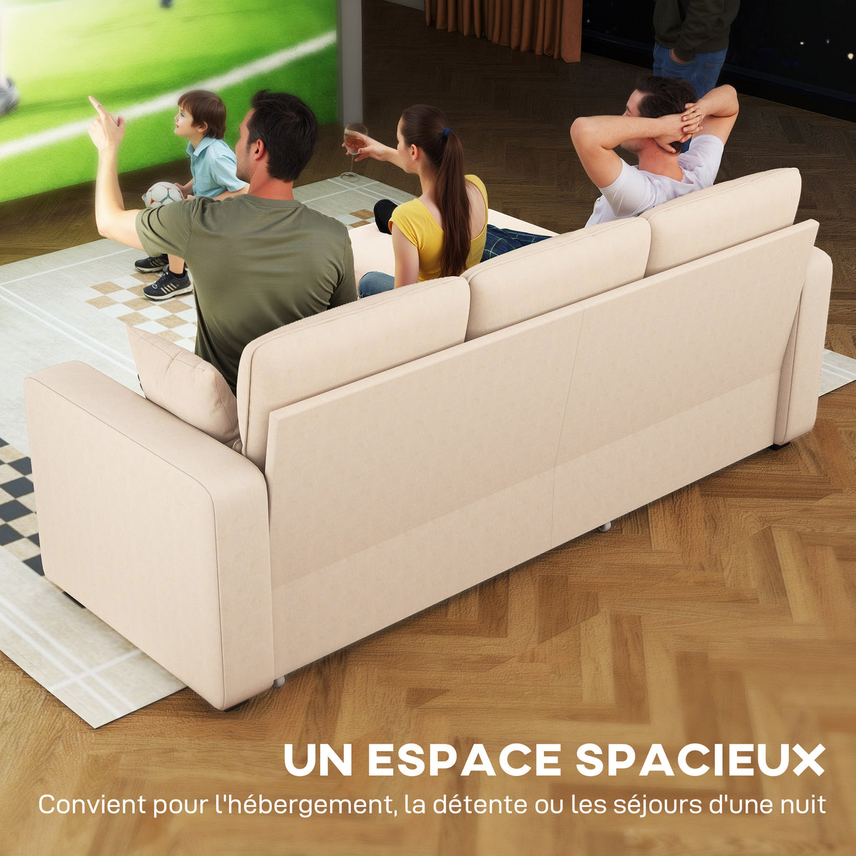 Canapé d'angle convertible en velours côtelé, canapé-lit 3 places avec rangement caché, coussins, 205x135x76cm, beige-3
