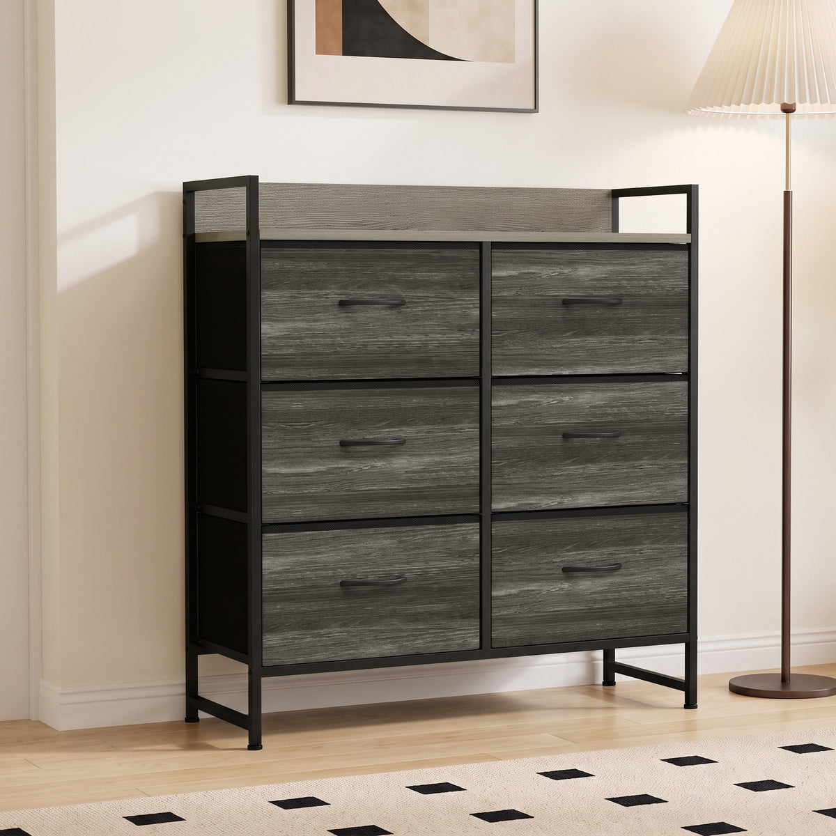 Commode, Meuble de Rangement pour Chambre, 6 Tiroirs en Tissu en Lin, Cadre en Acier, 80 x 29 x 85 cm, Gris-1