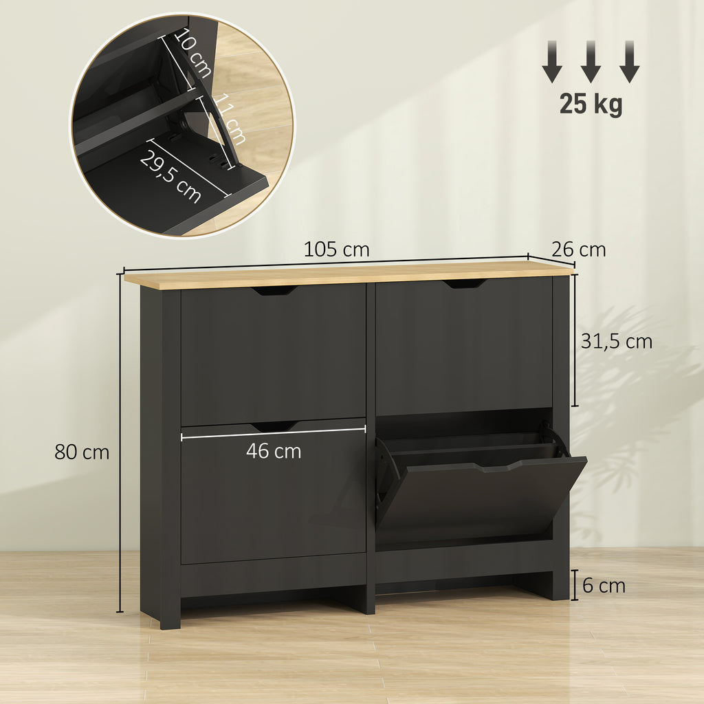 Meuble à chaussures 16 paires, armoire à chaussures avec 4 tiroirs rabattables étagères réglables, noir et bois naturel-2