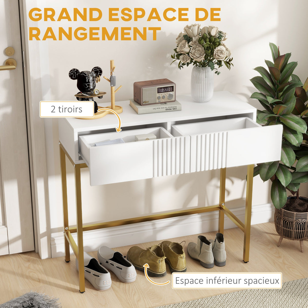 Table console console meuble avec 2 tiroirs base en acier avec pieds antidérapants 80 x 31,5 x 75 cm blanc-3