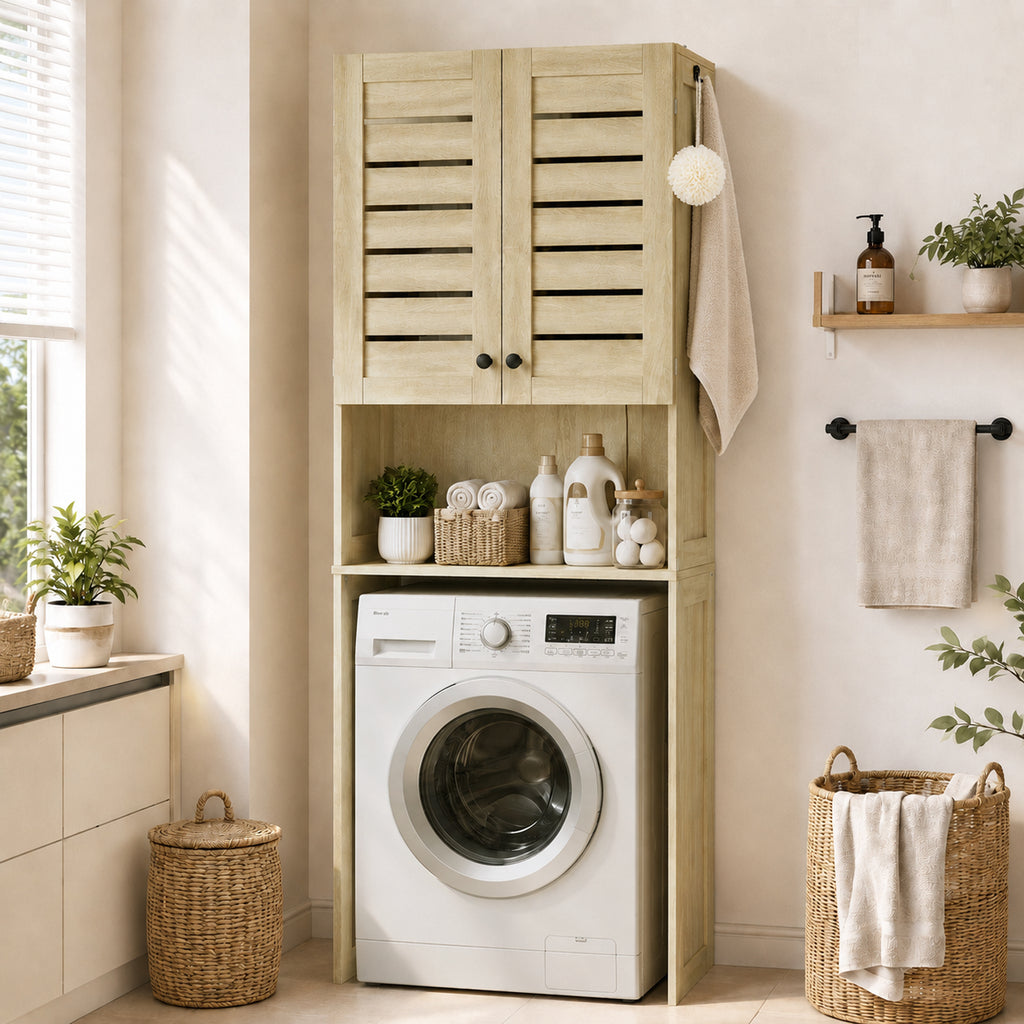 Meuble WC dessus de toilette/machine à laver avec placard à porte double, portes à persiennes, 67x31,5x190cm, chêne-8