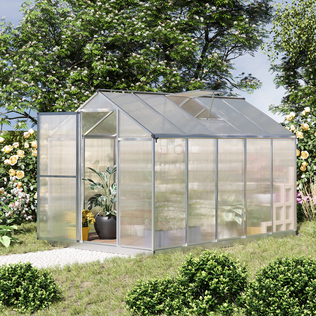 Serre de jardin en aluminium polycarbonate, serre avec fenêtres supérieures réglables, porte battante, abri extérieur résistant aux intempéries pour plante fleur, 303x183x195 cm, transparent-1