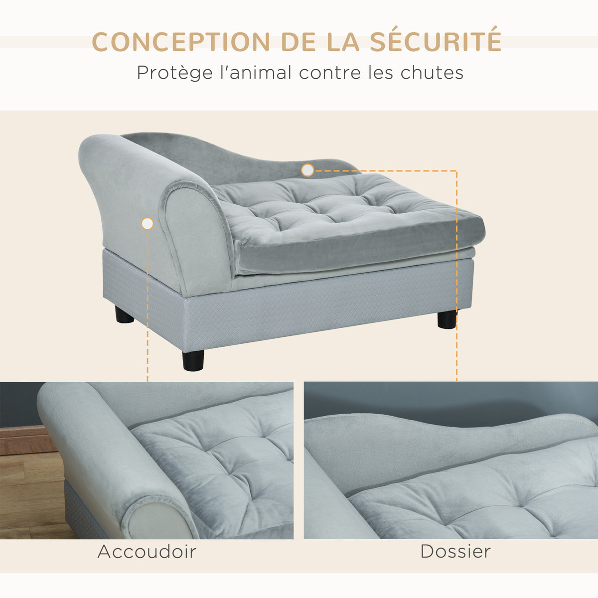 Canapé Chien Chat sur Pied avec Coffre de Rangement Style Moderne Coussin d'assise Amovible Grand Confort 76 x 45 x 43 cm gris clair-6