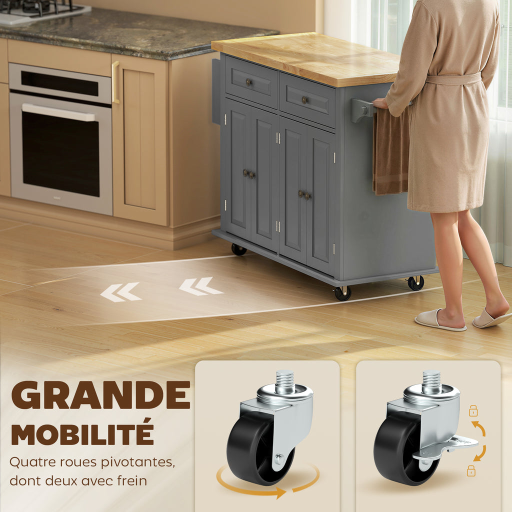 Desserte ilôt de cuisine multi rangements 2 tiroirs 2 placard 2 portes avec étagère range-bouteille-6
