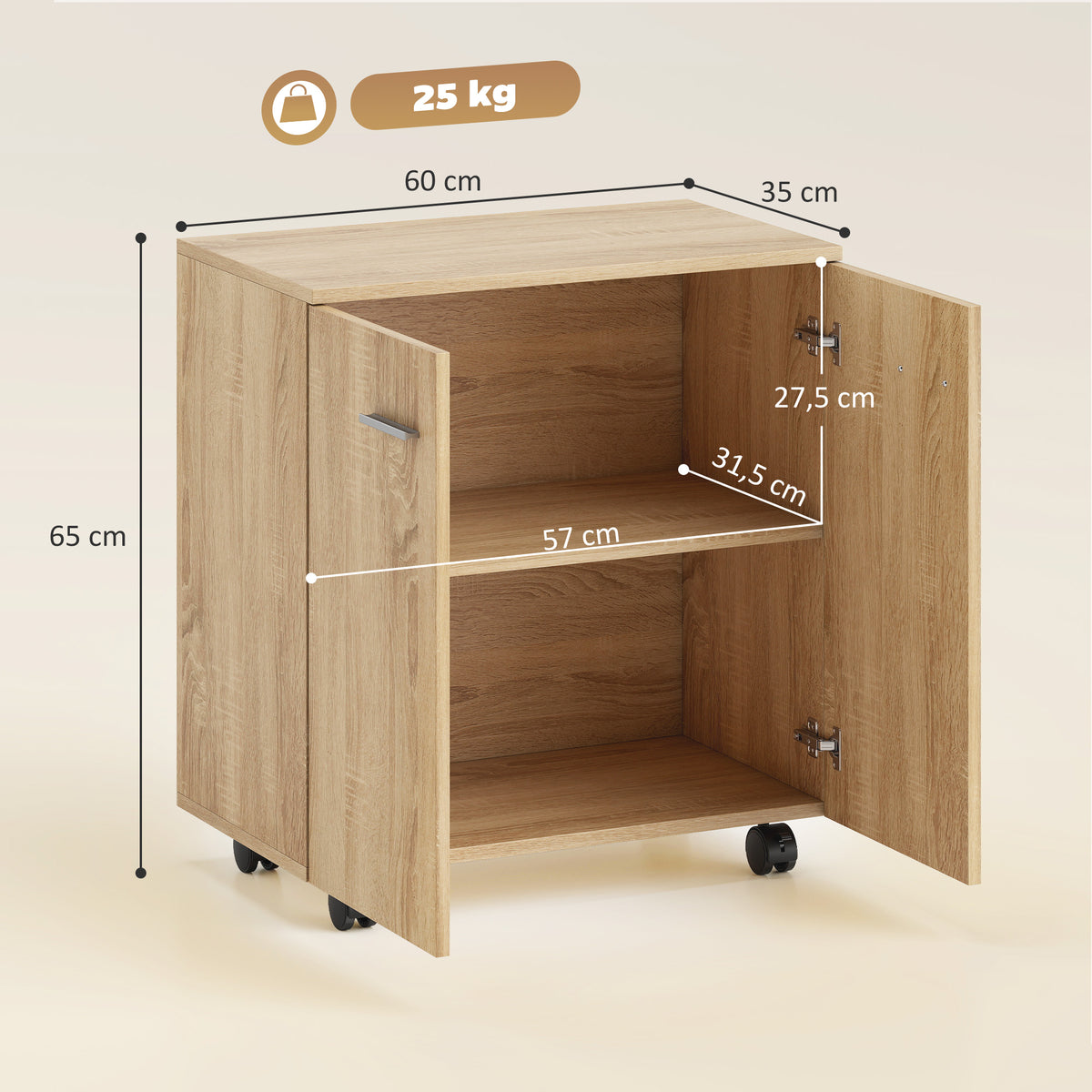 Meuble de Rangement Buffet bas sur roulettes avec 2 Portes étagère Interne 60 x 35 x 65 cm bois naturel-2
