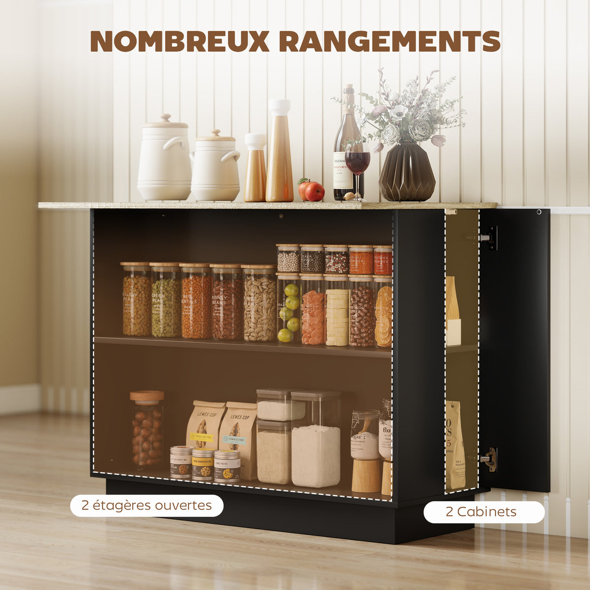 Desserte îlot de cuisine étagère réglable 2 compartiments ouverts 2 placards plan de travail effet bois 105 x 60 cm noir-3