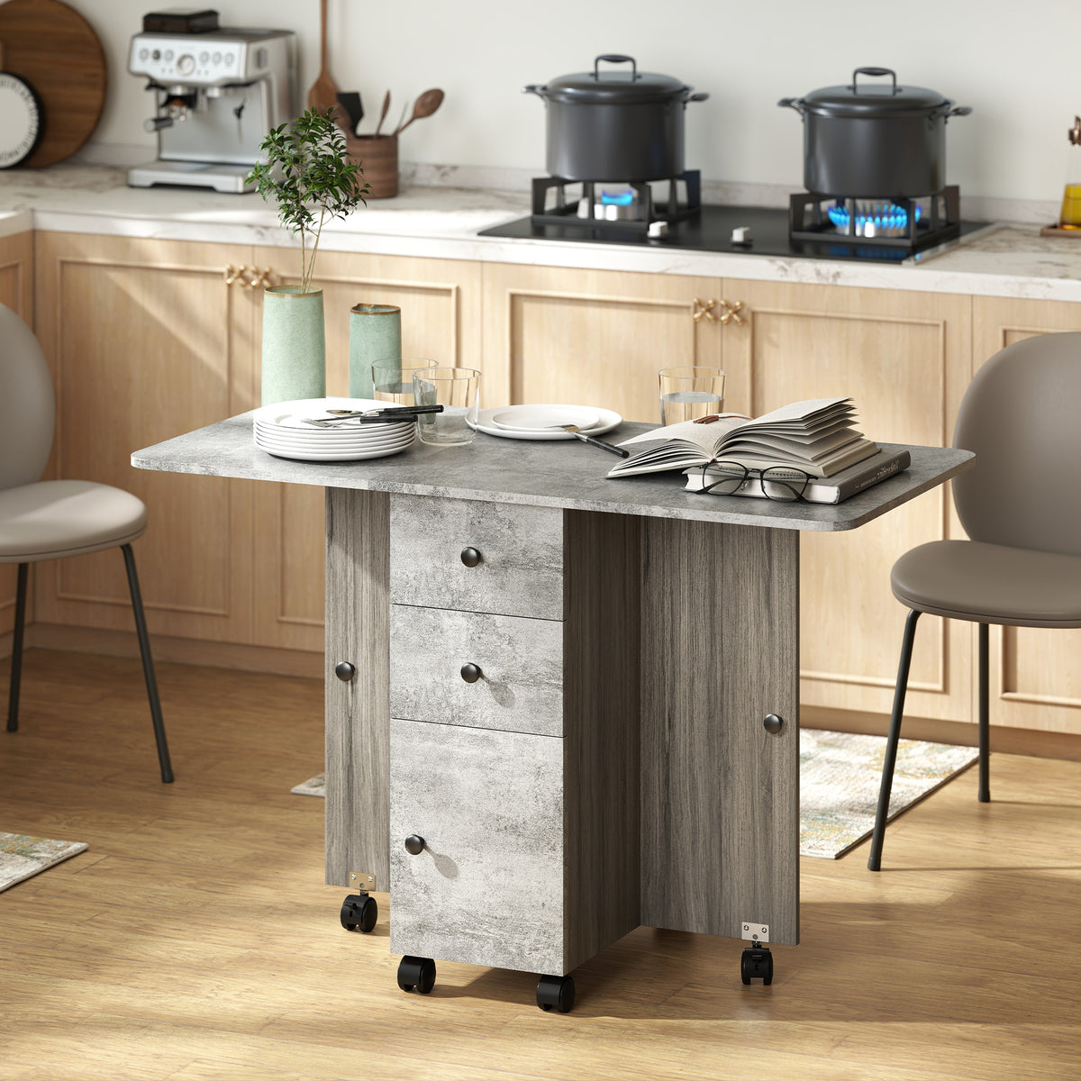 Table de cuisine pliable table à manger pliante 2 plateaux rabattables avec 2 tiroirs 1 placard et 1 étagère de rangement 120 x 60 x 76,5 cm - gris-1