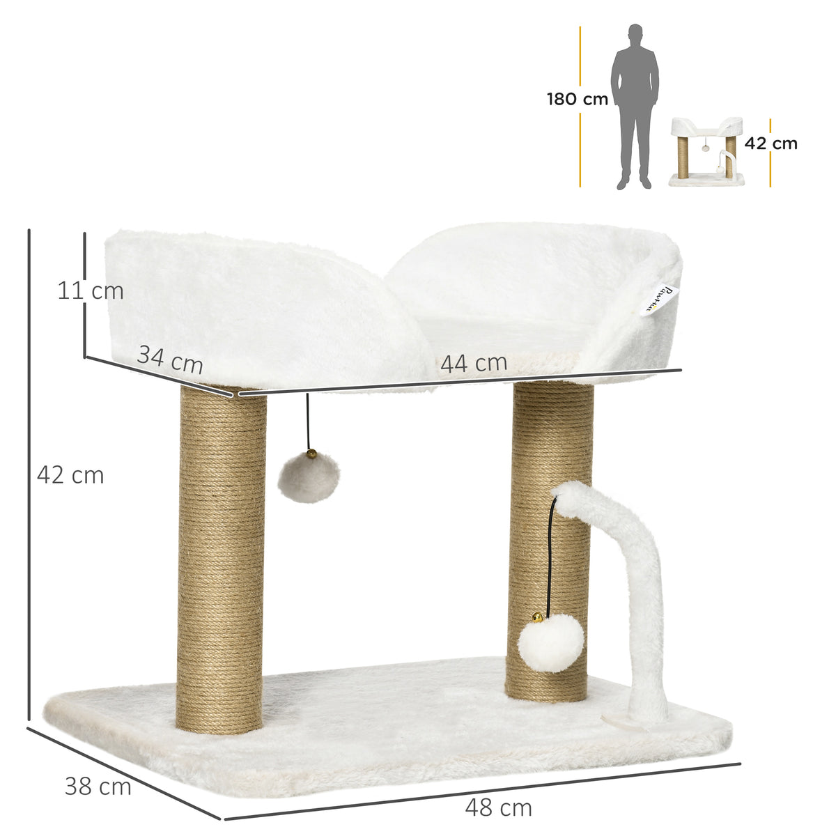 Arbre à chat grattoir design avec jeu 2 pompons suspendus 2 poteaux sisal plateforme peluche sisal 48 x 38 x 42 cm beige-2