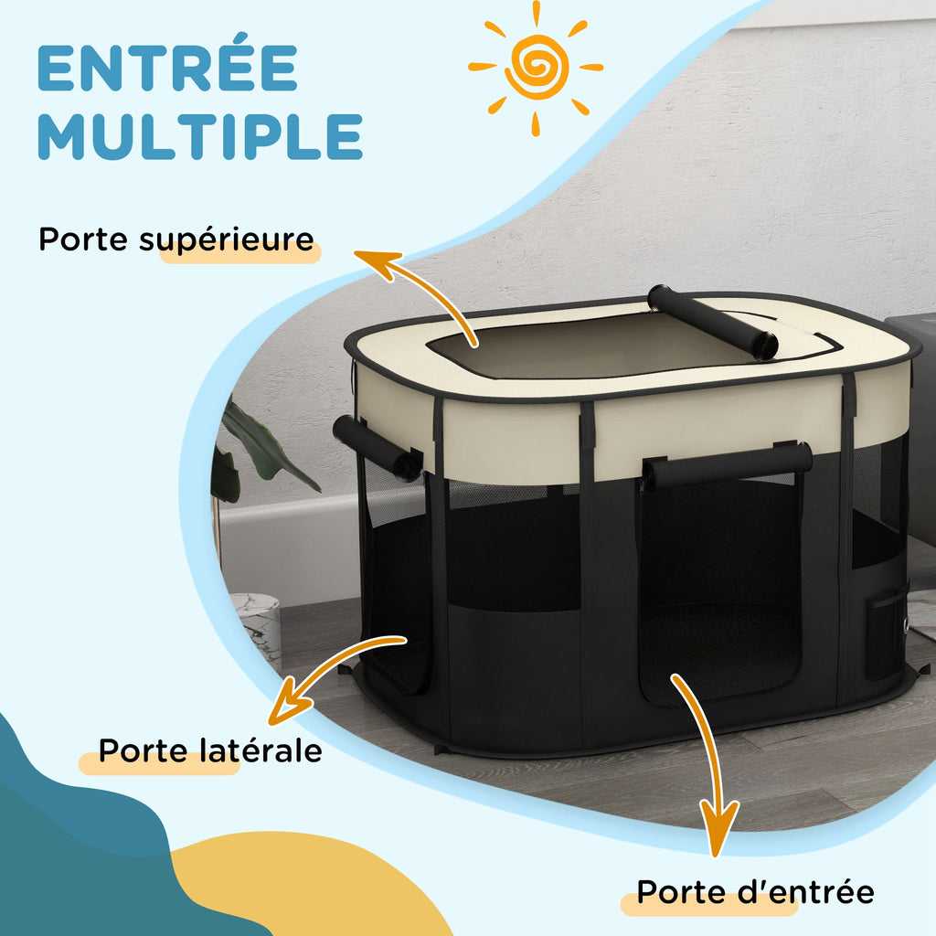 Parc enclos pliable pour chien chat petits animaux en tissu Oxford avec rangement 94 x 74 x 60 cm blanc crème et noir-4