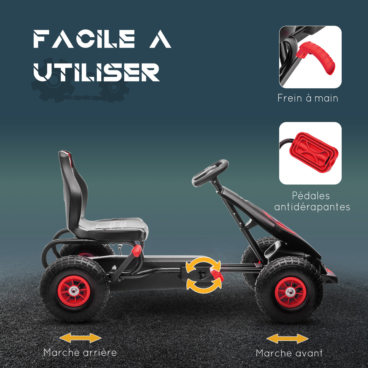 Kart à pédales pour enfant siège réglable 3 positions frein à main enfant de 5 à 12 ans rouge noir-4