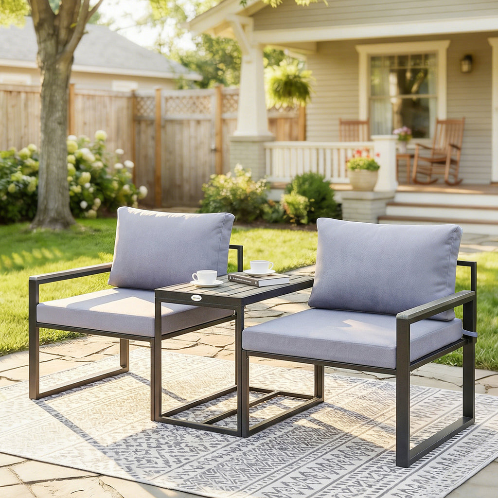 Salon de jardin 3 pièces coussins 14cm et accoudoirs en composite bois-plastique 2 fauteuils et table d'appoint gris-9